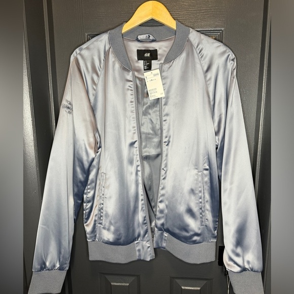 H&M satin look bomber jacket in size small steel blue color is beautiful - Picture 2 of 12